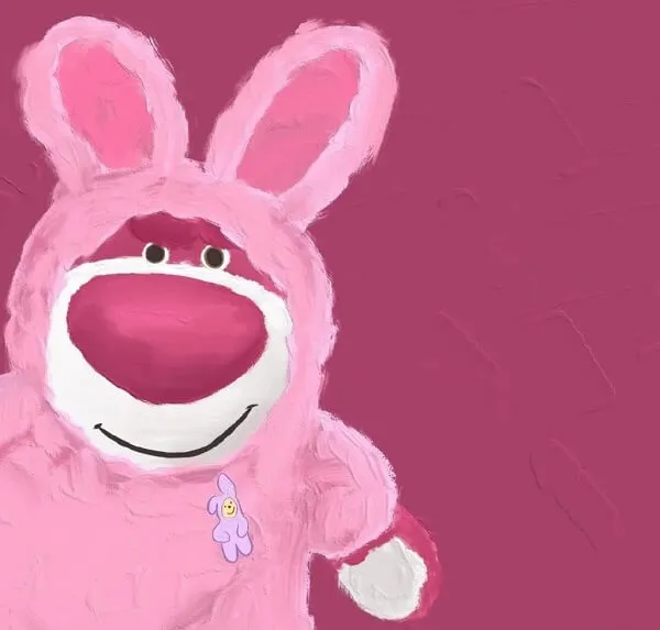 Brightly colored drawing of pink stuffed animal wearing outfit