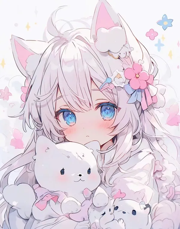 Cô gái anime với mái tóc trắng và đôi mắt xanh cầm hai con gấu bông