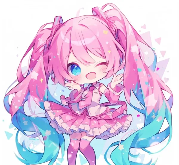 Một cô gái anime với mái tóc dài màu hồng mặc chiếc váy