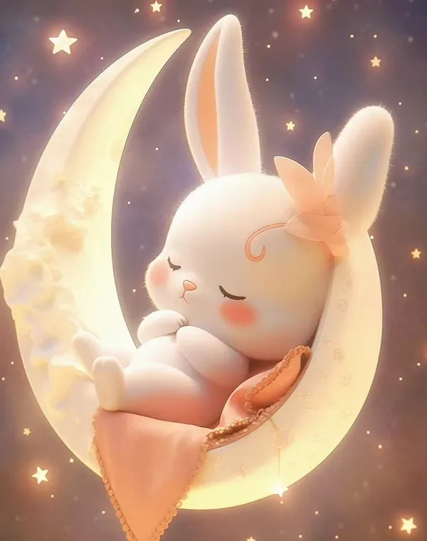 Baby bunny ngủ trên mặt trăng với những ngôi sao trong nền
