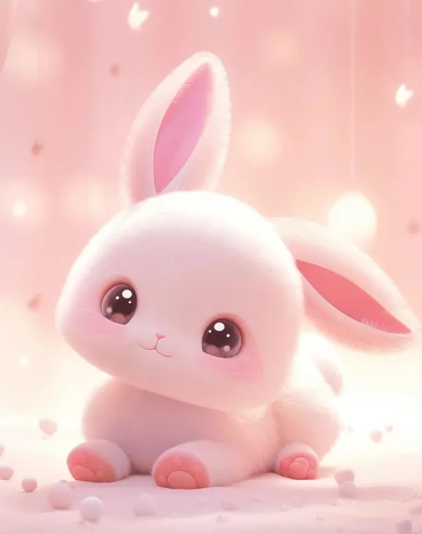 Có một chú thỏ trắng với đôi tai hồng ngồi trên giường
