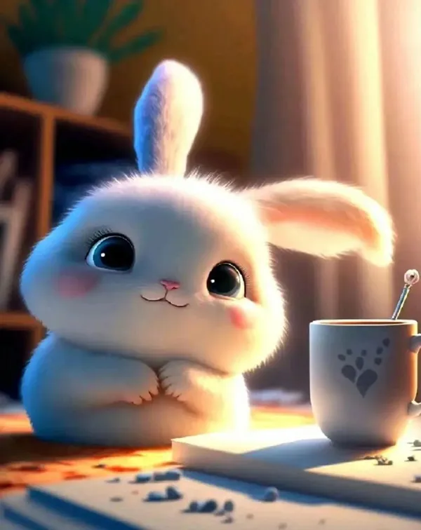 Có một con thỏ đang ngồi cạnh tách cà phê