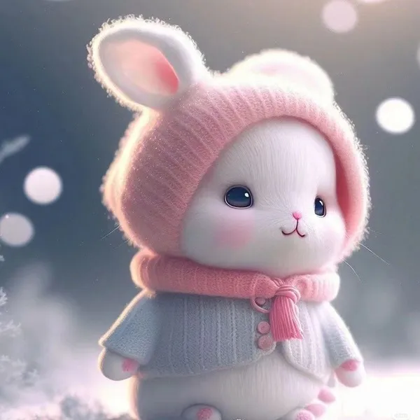 Có một con thỏ trắng nhỏ đội mũ màu hồng và khăn quàng cổ