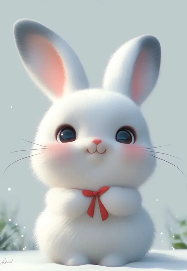 Có một con thỏ trắng với cây cung màu đỏ đang ngồi trong tuyết
