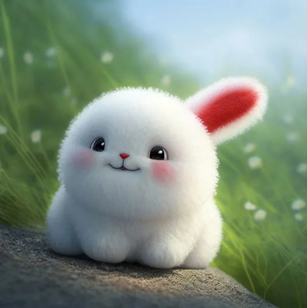 Có một con thỏ trắng với đôi tai đỏ đang ngồi trên tảng đá