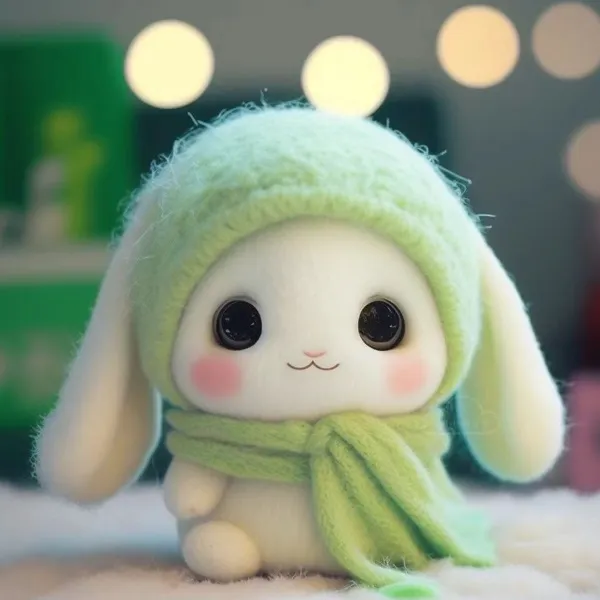 Có một con thú nhồi bông nhỏ đội mũ màu xanh lá cây và khăn quàng cổ