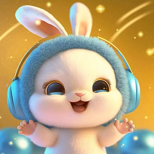 Có một chú thỏ hoạt hình đang đeo tai nghe và mỉm cười