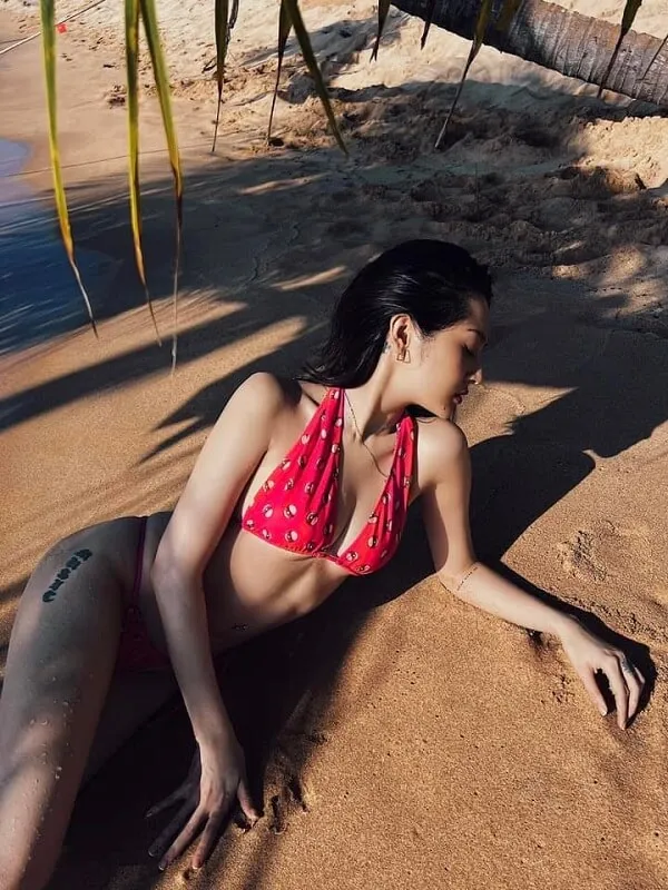 Ca sĩ bảo anh bikini có một người phụ nữ mặc bộ màu đỏ nằm trên bãi biển