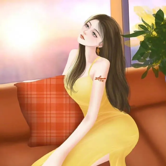Bức tranh của một người phụ nữ mặc váy màu vàng ngồi trên chiếc ghế dài