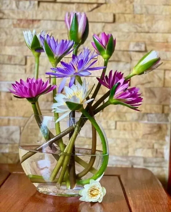 Cắm hoa tết một số màu tím và trắng nằm trong bình thủy tinh trên bàn