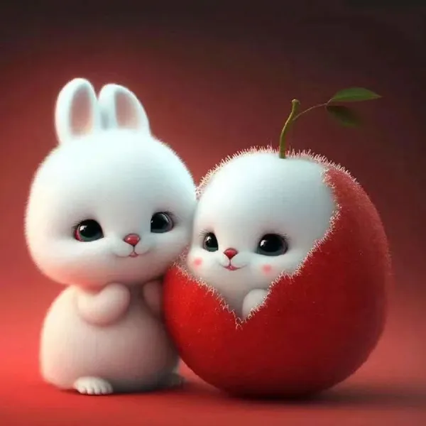 Có hai con thỏ trắng đang giữ trái tim màu đỏ