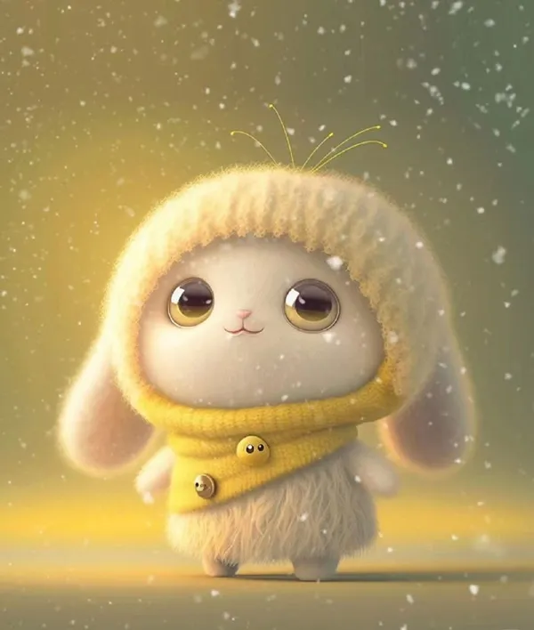 Có một chú thỏ nhỏ dễ thương đội mũ màu vàng và khăn quàng cổ
