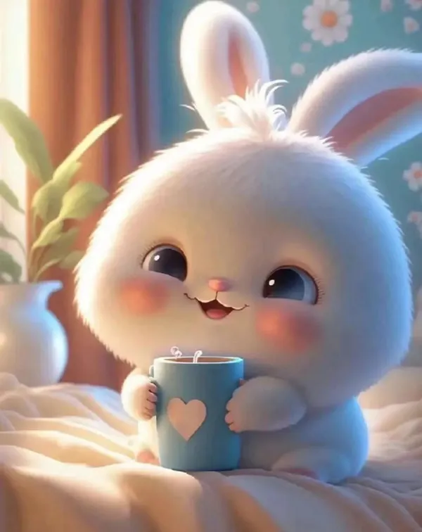 Có một chú thỏ trắng đang ngồi trên giường cầm cốc