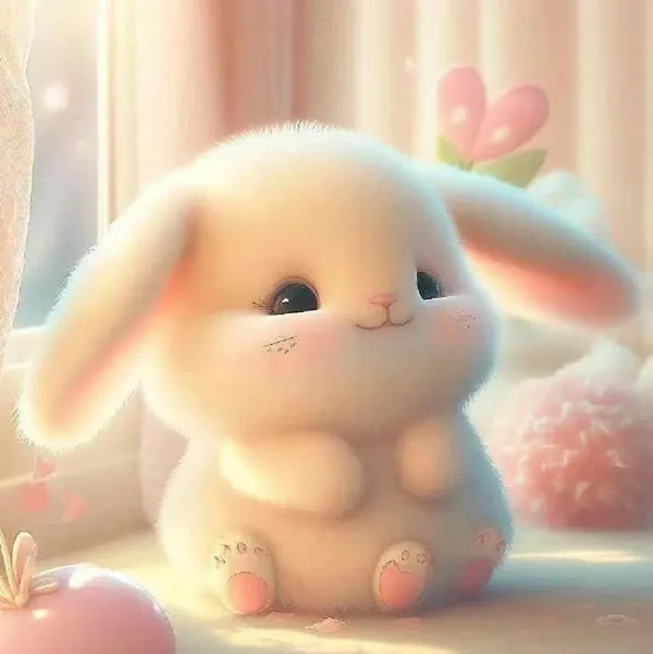 Có một chú thỏ trắng đang ngồi trên sàn nhà bên cạnh cửa sổ