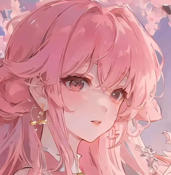 Có một cô gái anime với mái tóc dài màu hồng và đôi mắt xanh
