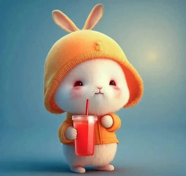 Có một con thỏ trắng đội mũ màu vàng và cầm đồ uống