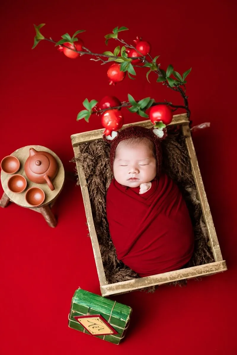 Concept chụp ảnh tết cho bé có một em đang ngủ trong hộp với táo trên đó