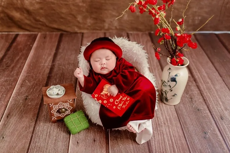 Concept chụp ảnh tết cho bé có một em ngủ trong cái giỏ trên sàn gỗ