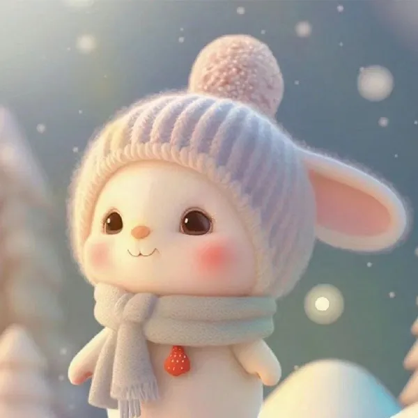 Có một chú thỏ nhỏ đội mũ và khăn quàng cổ đứng trong tuyết