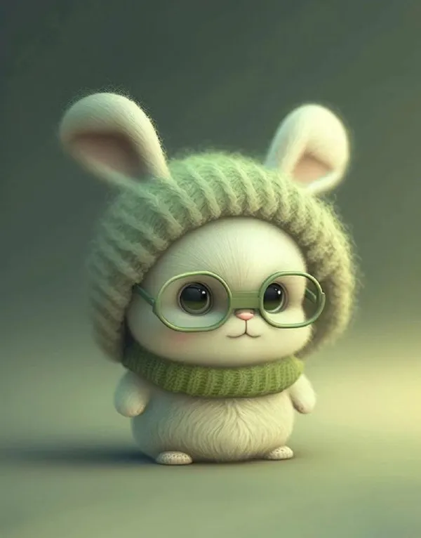 Có một con thỏ trắng đội mũ và kính màu xanh lá cây