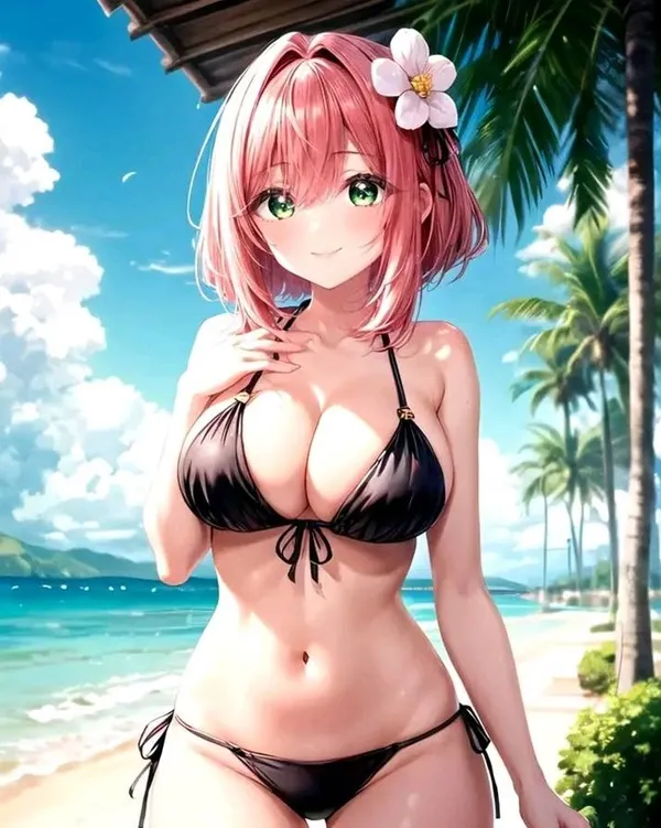 Hanazono hahari vú bự hình ảnh một người phụ nữ mặc bikini tạo dáng trên bãi biển