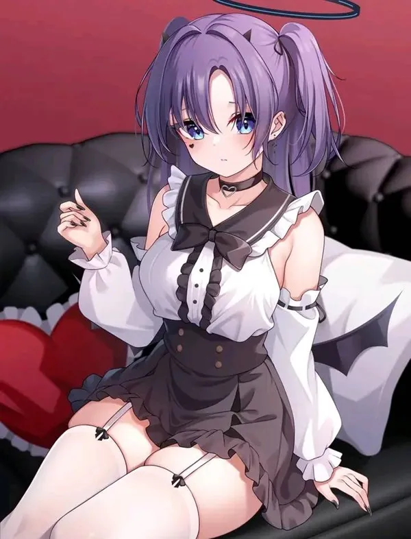 Ảnh hayase yuuka hentai cô gái anime gợi cảm với thiên thần halo ngồi trên một chiếc ghế dài màu đen