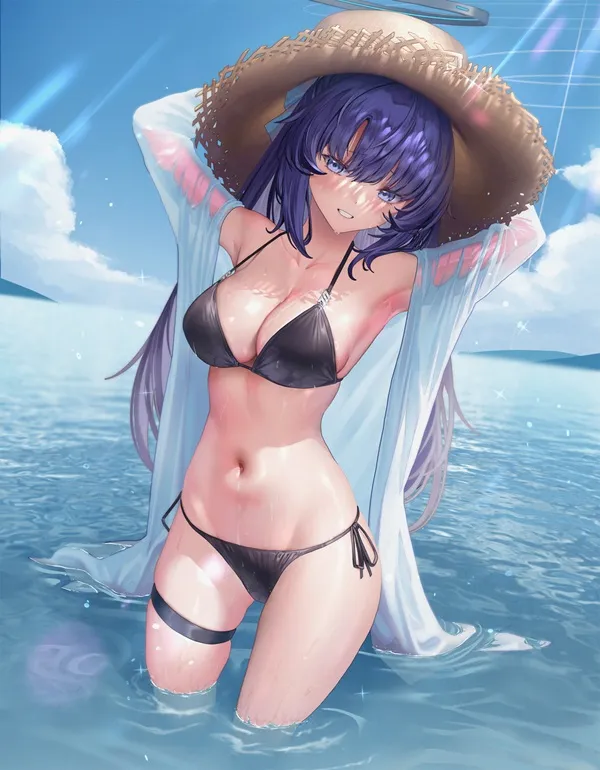 Ảnh hayase yuuka hentai cô gái anime mặc bikini và mũ rơm đứng trong nước