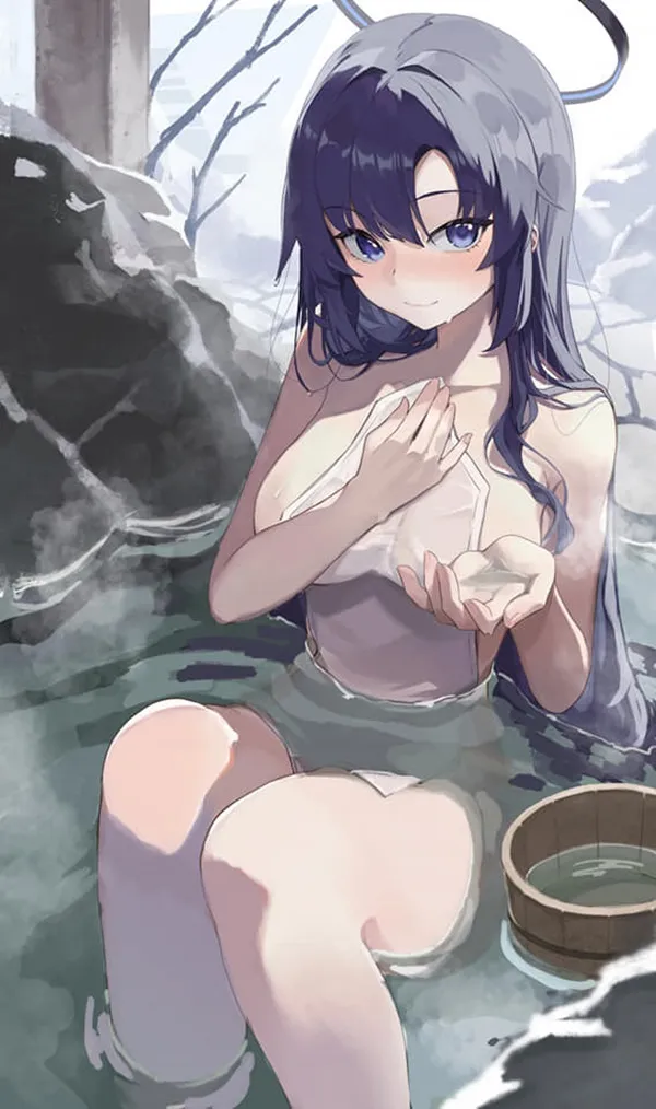Ảnh hayase yuuka hentai có một người phụ nữ ngồi trong nước với tay trên ngực