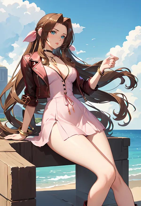 Ảnh aerith gainsborough hentai cô gái anime ngồi trên ghế dài bên đại dương với mái tóc nâu