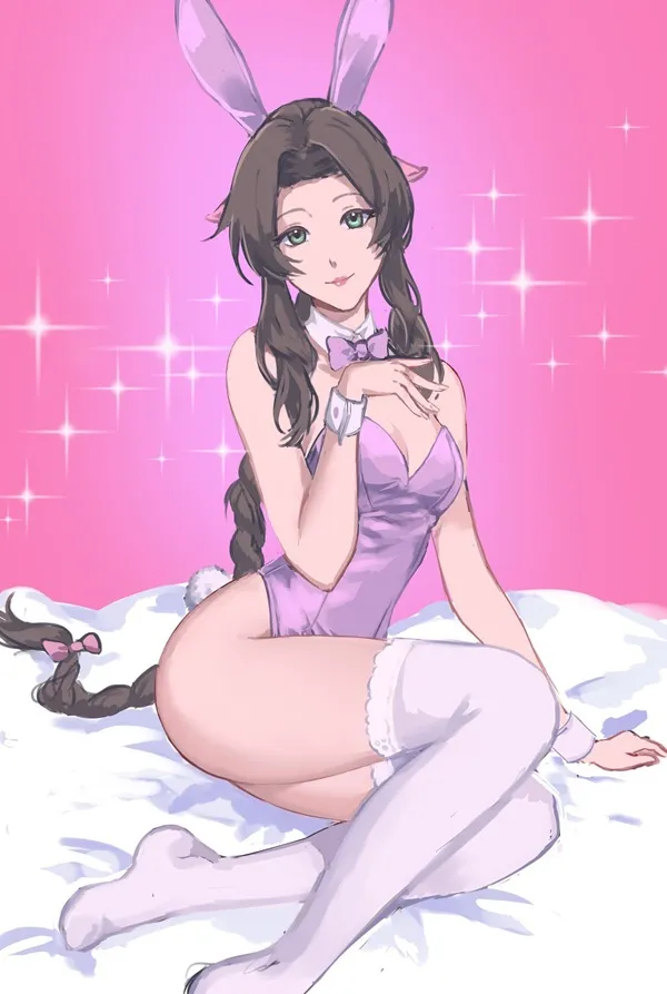 Ảnh aerith gainsborough hentai có một người phụ nữ trong tai thỏ ngồi trên giường