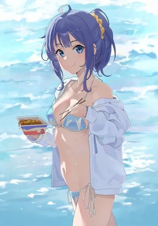 Hình ảnh anna yanami một cô gái anime mặc bikini cầm điện thoại di động và đứng trong nước