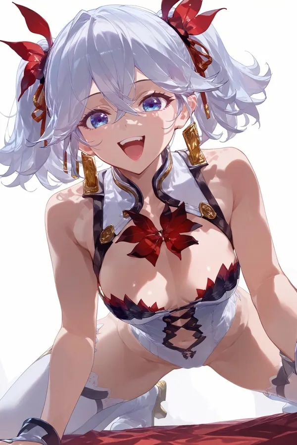 Ảnh camellya chibi có một người phụ nữ trong bộ bikini hàng đầu tạo dáng trên bề mặt màu đỏ