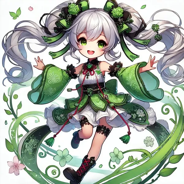 Hình ảnh camellya một cô gái anime với mái tóc dài và quần áo xanh đang bay trong không khí