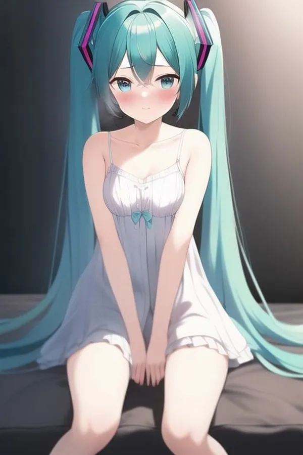 Ảnh hatsune miku cosplay có một cô gái anime với mái tóc dài màu xanh đang ngồi trên giường