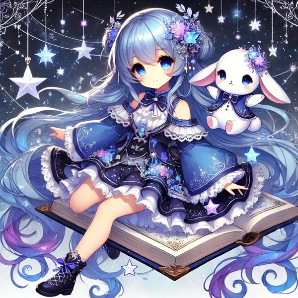 Ảnh sex hatsune miku một cô gái anime ngồi trên cuốn sách mở với chú thỏ