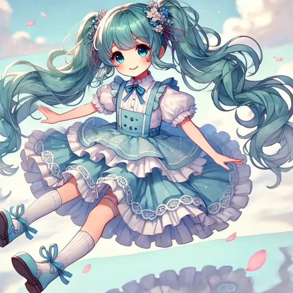 Hình ảnh hatsune miku đẹp nhất cô gái anime dễ thương với mái tóc dài và chiếc váy màu xanh bay trên bầu trời