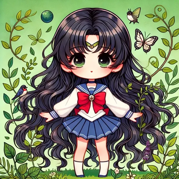 Hình ảnh hino rei cô gái anime với mái tóc đen dài mặc váy màu xanh và cây cung đỏ