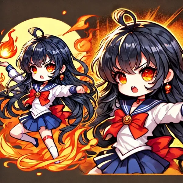 Hình ảnh hino rei hai cô gái anime với mái tóc đen dài và đôi mắt đỏ trước mặt trăng tròn