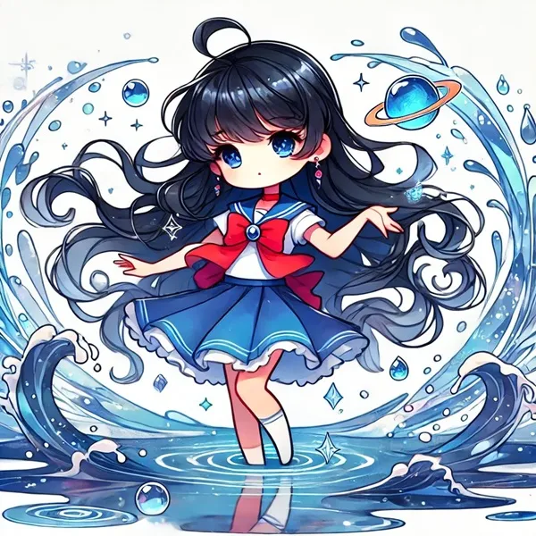 Hình ảnh hino rei một cô gái anime với mái tóc đen dài đang đứng trong nước