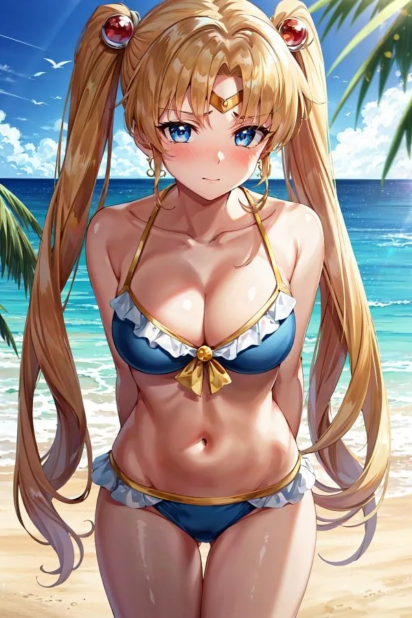 Hình ảnh hino rei một người phụ nữ mặc bikini với mái tóc dài đứng trên bãi biển bên cạnh đại dương