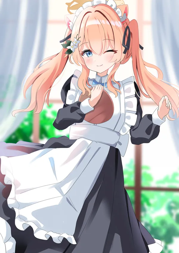 Ảnh iochi mari cute có một người phụ nữ trong trang phục của giúp việc cầm đĩa thức ăn