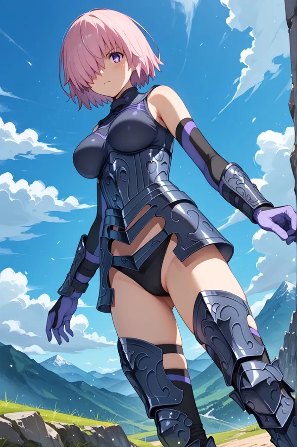 Ảnh mash kyrielight cosplay có một người phụ nữ mái tóc hồng và găng tay màu tím đứng trên cánh đồng