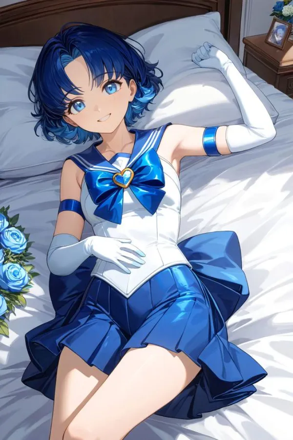 Ảnh mizuno ami hentai cô gái có mái tóc xanh nằm trên giường với một bó hoa