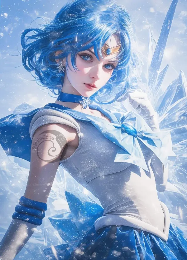Ảnh mizuno ami hentai có một người phụ nữ mái tóc xanh và chiếc váy màu đứng trong tuyết