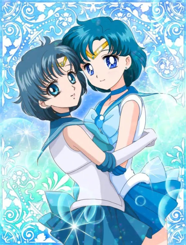 Ảnh mizuno ami hentai hai cô gái anime ôm nhau trước nền màu xanh và trắng