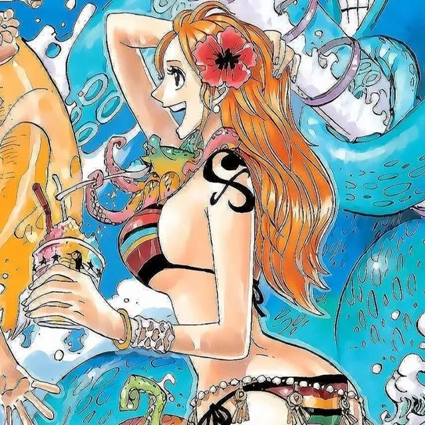 Có một bản vẽ của người phụ nữ trong bộ bikini cầm đồ uống hình ảnh nami