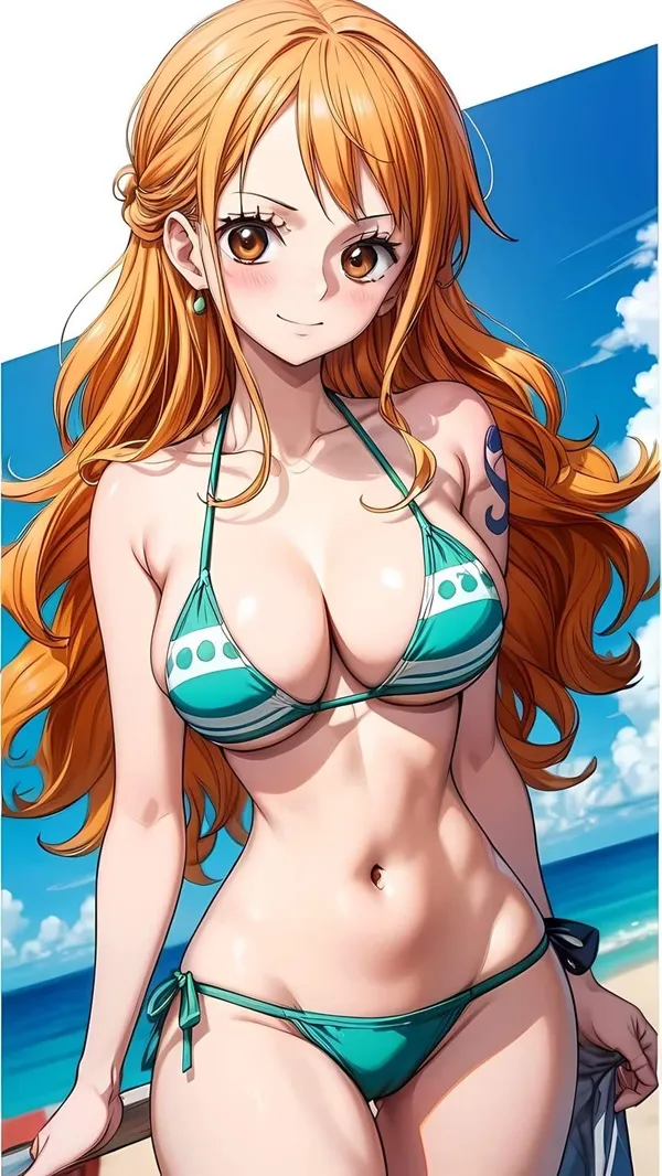 Hình ảnh nami one piece cô gái mặc bikini đang đứng trên bãi biển gần mặt nước