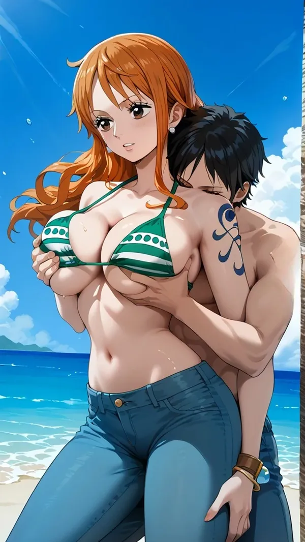 Hình ảnh nami one piece anime của một người đàn ông và phụ nữ đang ôm trên bãi biển