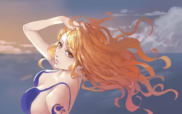 Hình ảnh nami ngầu có một người phụ nữ mặc bikini màu xanh đứng trên bãi biển
