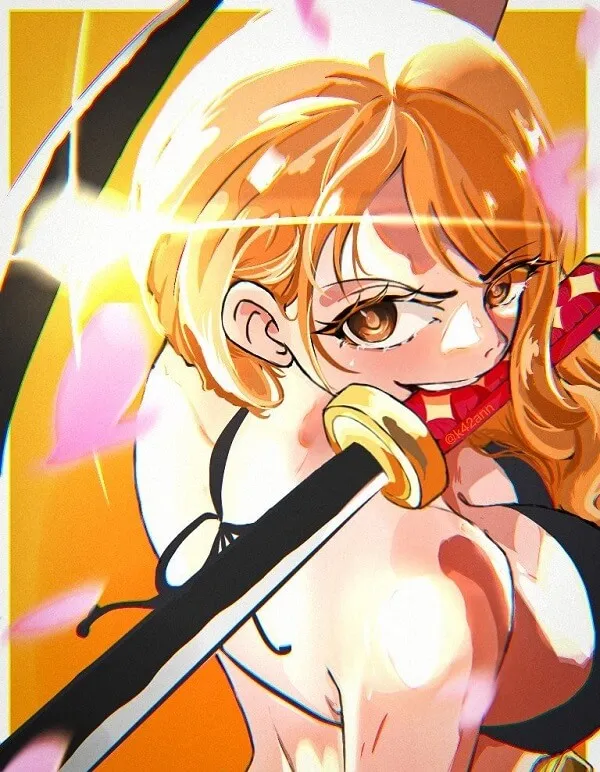 Hình ảnh nami one piece người phụ nữ tóc vàng trong bộ bikini cầm thanh kiếm trước nền màu